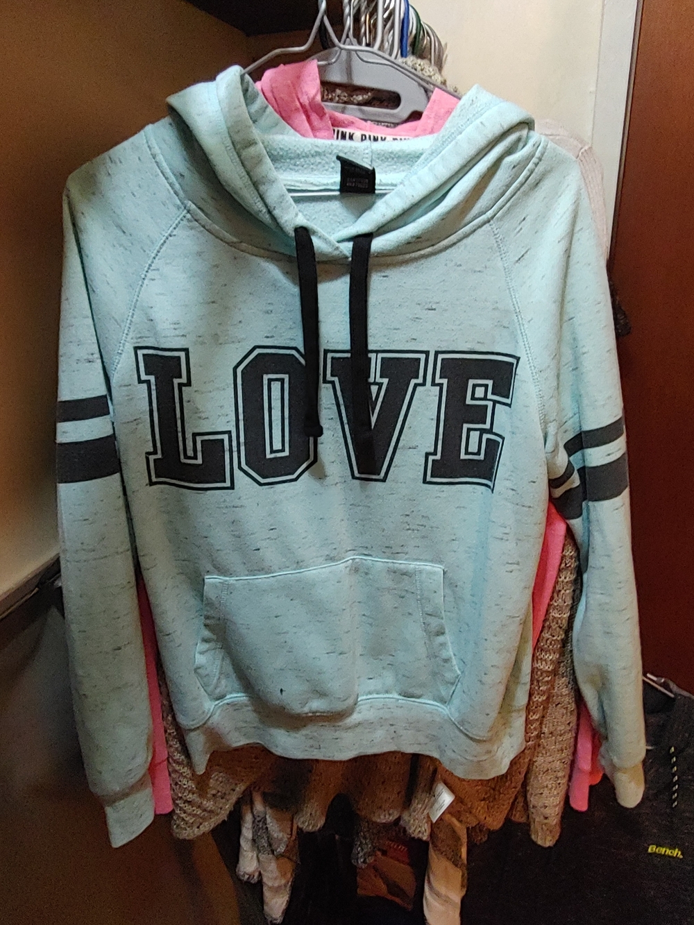 PINK Light Mint LOVE Pullover Hoodie with Striped Sleeves